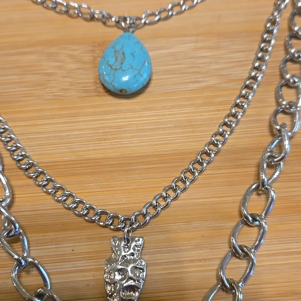 Silver Tone Layered Necklace with Pendants - Picture 4 of 7